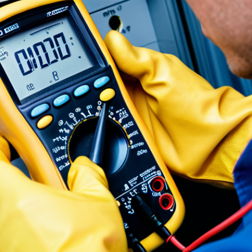 Home 6 **
A close-up shot of an electrician using a multimeter to check the voltage on a circuit before starting work. Emphasize safety gloves, clear readings on the multimeter, and a focused expression.
**