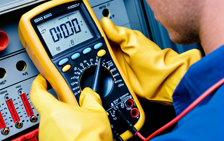 **
A close-up shot of an electrician using a multimeter to check the voltage on a circuit before starting work. Emphasize safety gloves, clear readings on the multimeter, and a focused expression.
**