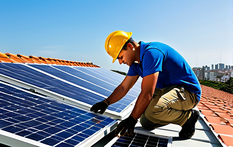 **

"A professional electrician, fully clothed in appropriate work attire, carefully inspecting solar panels on a rooftop installation, bright sunny day, residential neighborhood in Brazil, safe for work, appropriate content, professional, perfect anatomy, correct proportions, well-formed hands, natural pose, high quality."

**