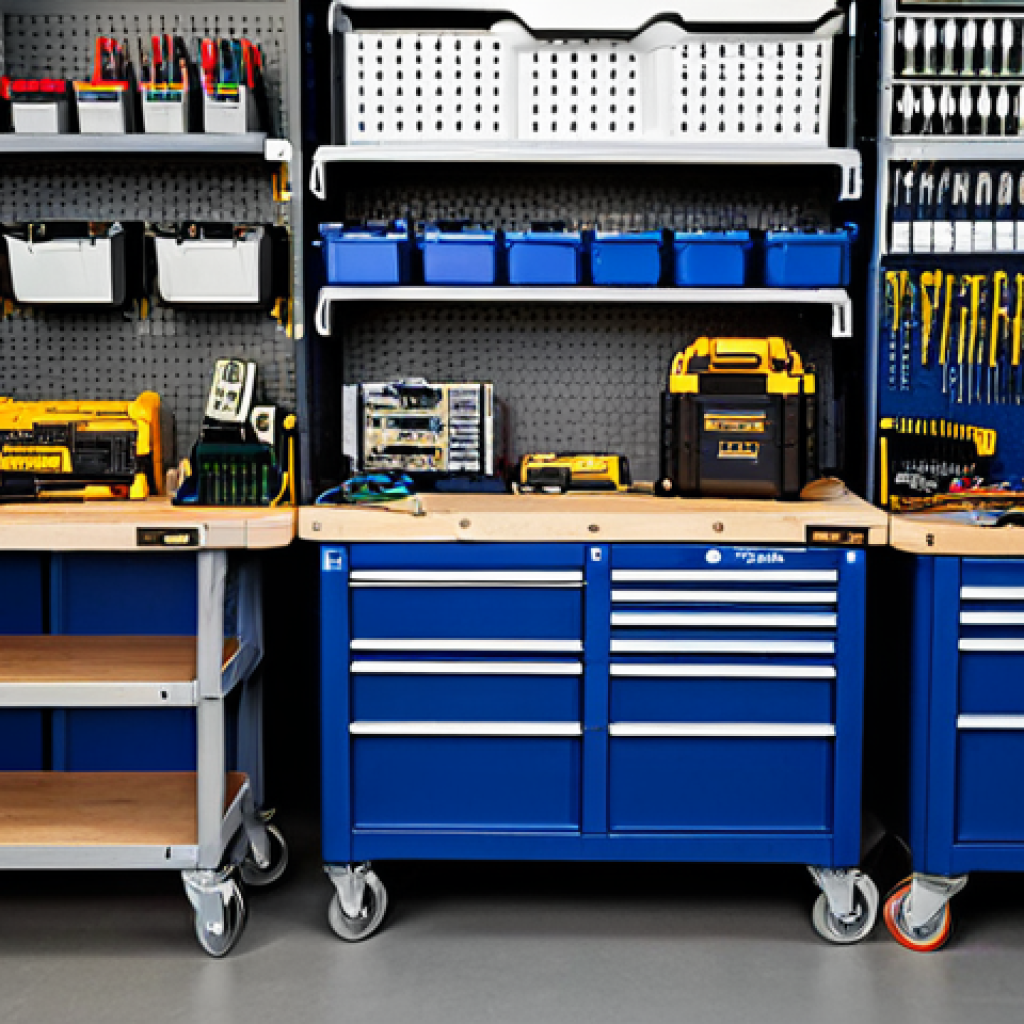 전기공사 현장 도구 관리 노하우 - Organized Electrical Workspace**
"An electrician's mobile workspace featuring modular carts and too...