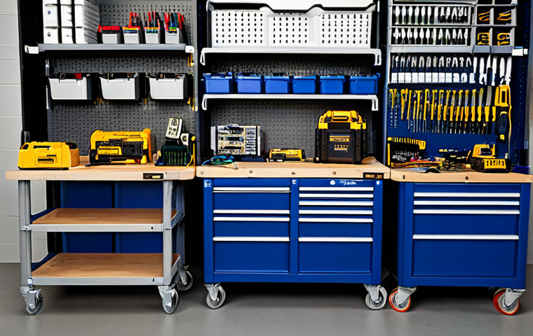전기공사 현장 도구 관리 노하우 - Organized Electrical Workspace**
"An electrician's mobile workspace featuring modular carts and too...