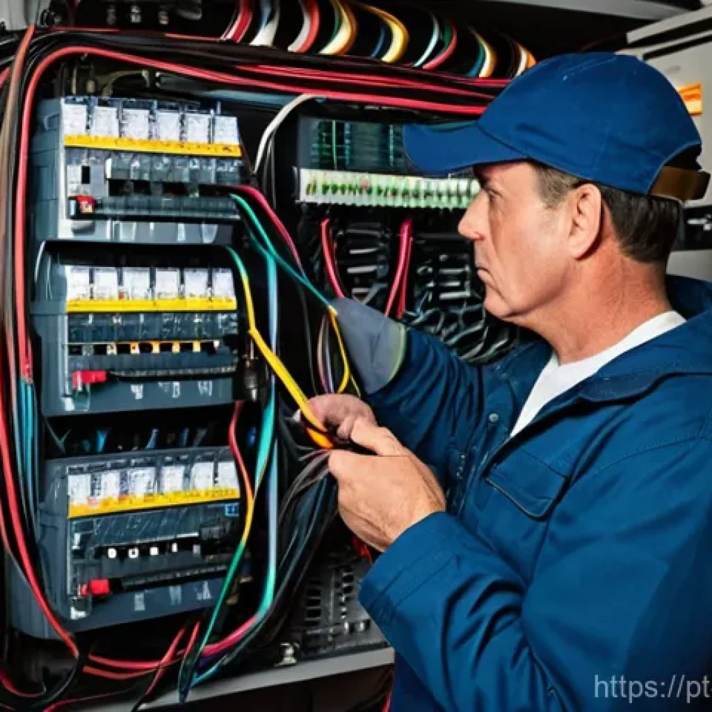 전기공사 일상 업무 사례 공유 - **Prompt:** An experienced male electrician, in his late 40s, wearing clean, practical work overalls...