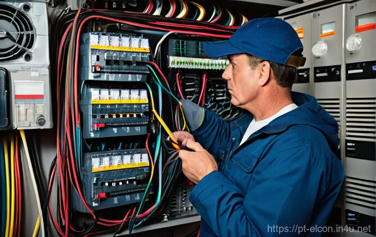 전기공사 일상 업무 사례 공유 - **Prompt:** An experienced male electrician, in his late 40s, wearing clean, practical work overalls...