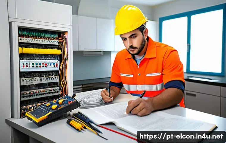전기공사 전문가가 추천하는 필독 도서 - A detailed and realistic scene of a Brazilian electrician in a modern residential setting, wearing p...
