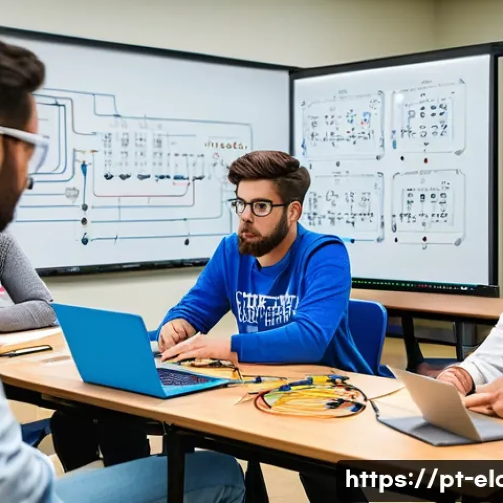 전기공사 주요 중점 과목 학습법 - A detailed classroom scene showing a diverse group of adult students attentively learning about elec...
