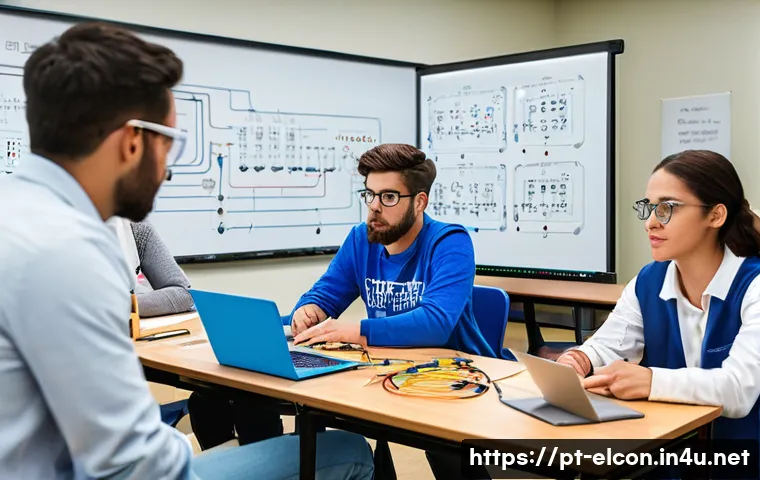 전기공사 주요 중점 과목 학습법 - A detailed classroom scene showing a diverse group of adult students attentively learning about elec...
