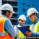Home 21 전기공사 직무에 필요한 소프트스킬 - A professional electrical technician team wearing safety gear and insulated gloves, gathered around ...