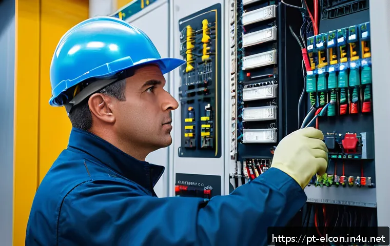 전기공사 실무 경험이 중요한 이유 - A skilled electrician wearing proper safety gear including gloves, helmet, and insulated boots, care...