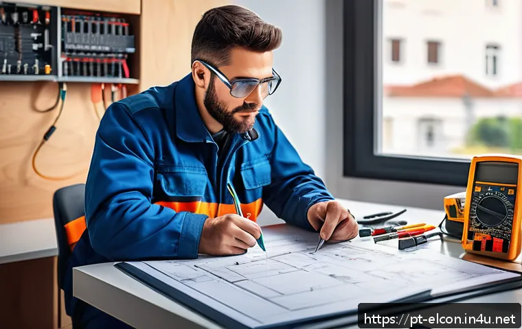 전기공사 주요 시험 문제 복원 - A detailed and realistic illustration of a professional electrician studying electrical installation...