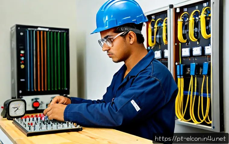 전기공사 실기 시험 시간 관리 방법 - Photorealistic Brazilian electrical trainee during a practical certification exam, wearing protectiv...